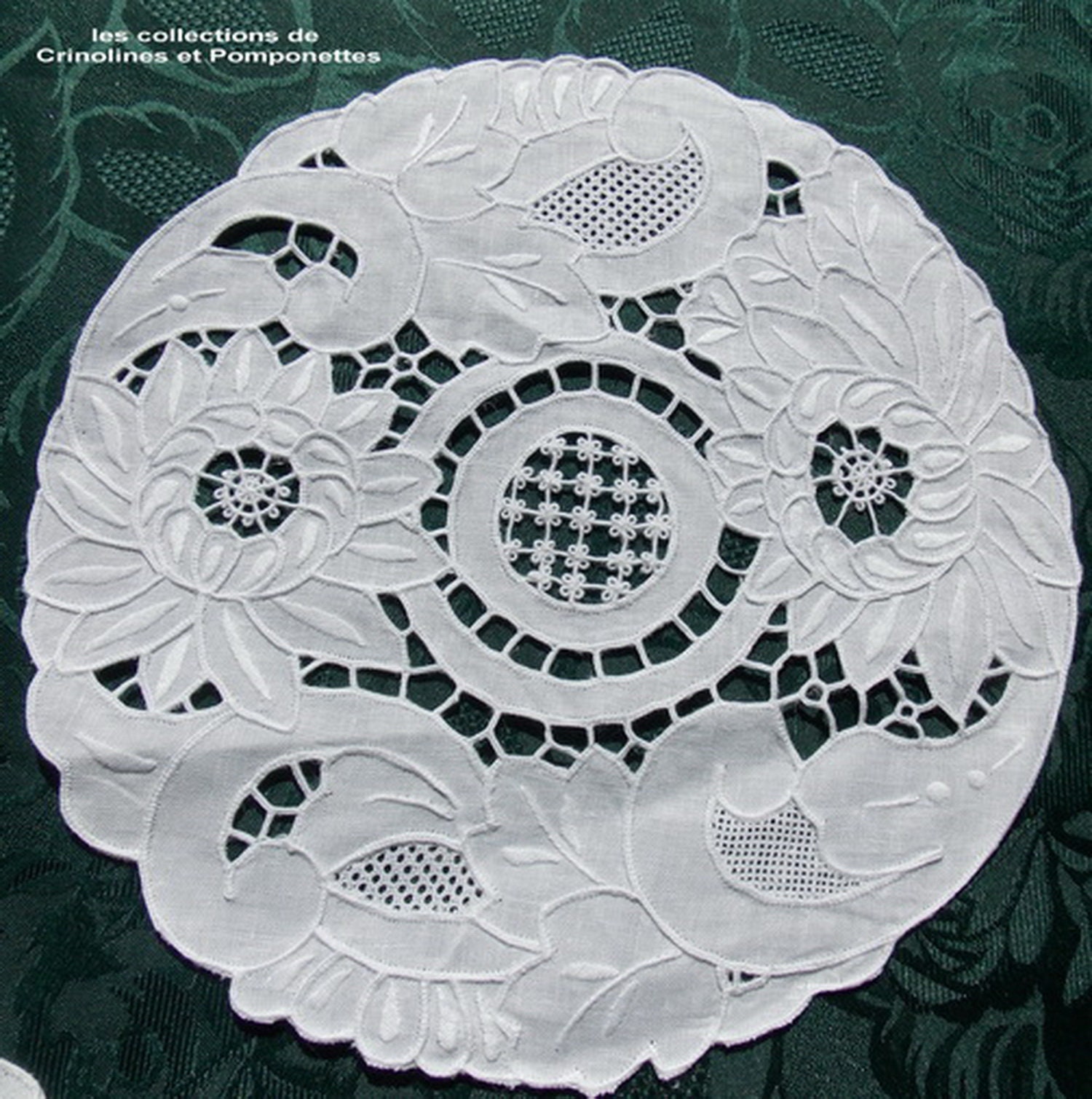 Napperon Brode Main sur Lin Broderie Richelieu Royal Blanc Rond de 26 cm Gady