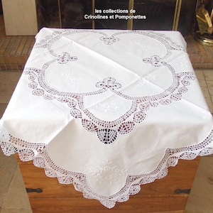 HAND EMBROIDERED TABLECLOTH 90cm square table centerpiece embroidered with needlepoint in Cluny stitch anita