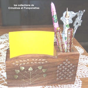 ORGANIZADOR DE ESCRITORIO madera exótica incrustaciones de flores de latón