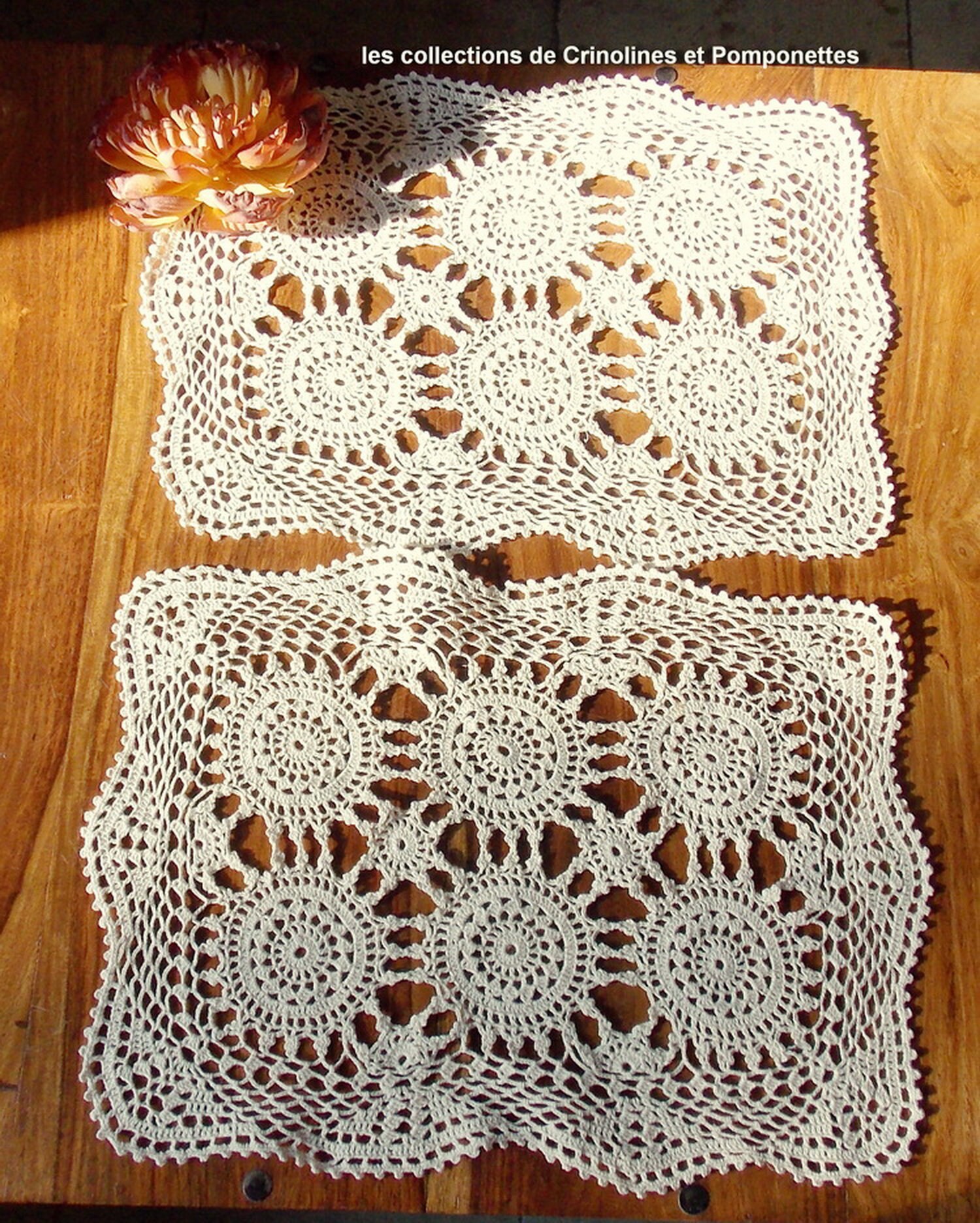 Napperons Crochet Main Fabrication Artisanale Lot de 2 Rectangulaires 23x35 Ecrus