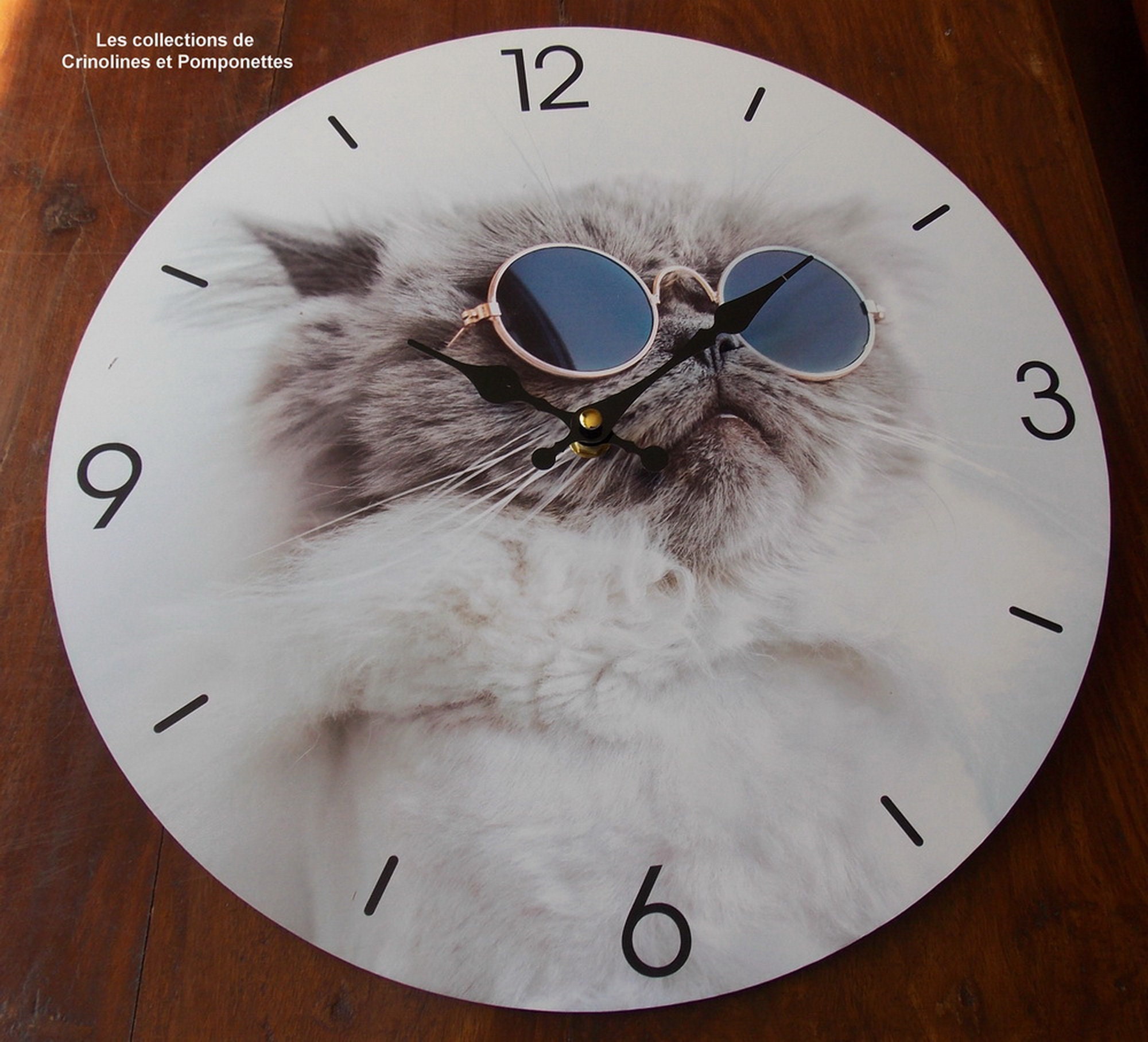 Horloge Pendule Decorative Peinture sur Métal La Chat Aux Lunettes Qui Se Prend Pour Une Vedette