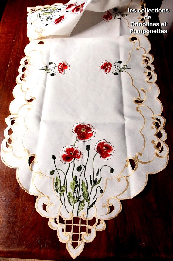 Chemin de table boutis brodé lavande coton lavender écru stuck 1m50 x 50 cm - Maison