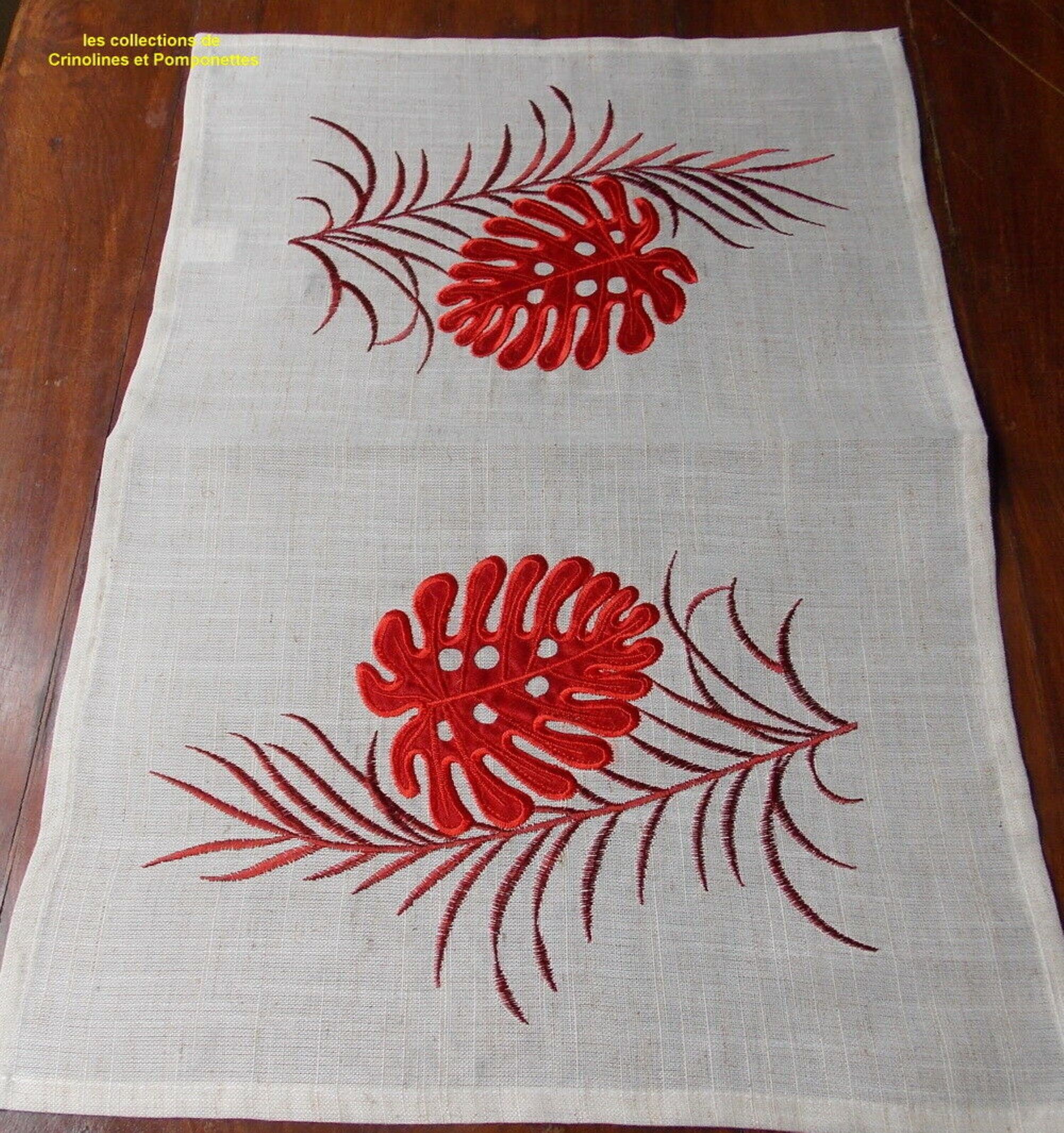 Napperon Brode sur Polylin Ecru Rustique Rectangulaire 35x50 Feuilles Rouges