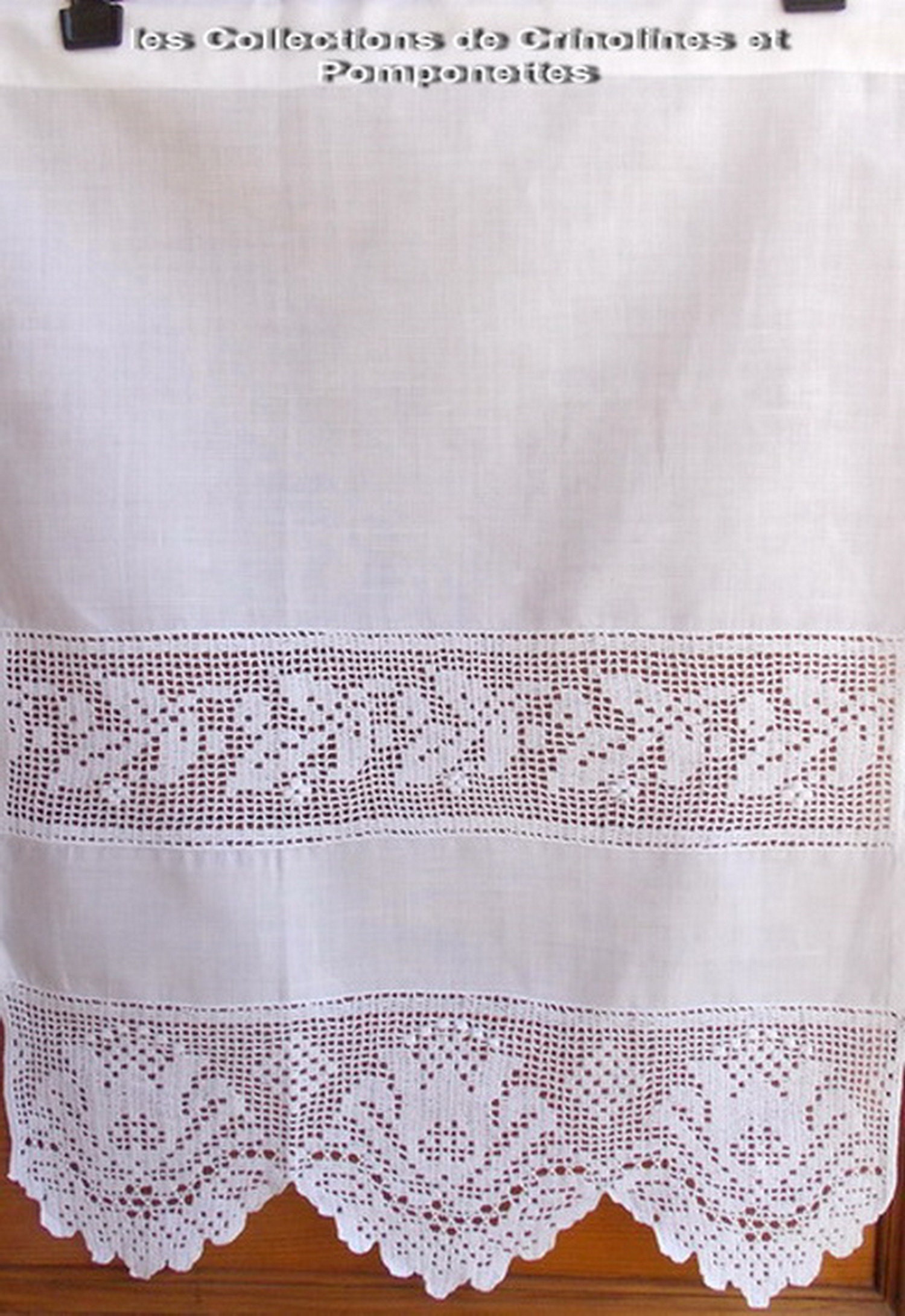 Brisebise Rideau Brode Main avec Bordure et Bandes Incrustées Crochet Fait 45cmx 60 Lotus Blanc