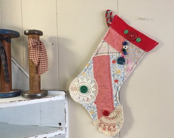 Vintage Whimsical Cutter Quilt Stocking Primitive country Christmas