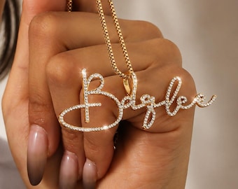 Script Crystal Name Necklace, Custom Script Necklace, Iced Out Crystal Nameplate, Gold Name Necklace, Custom Jewelry Gift for Her