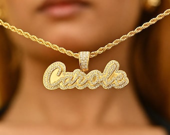 Crystal Cursive Name Necklace, Custom Bling Nameplate, Iced Out CZ Jewelry, Personalized Gold Necklace Gift for Her