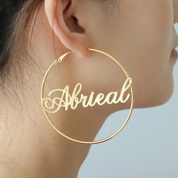 Personalized Hoop Name Earrings by Beceff® • Custom 50mm 60mm 70mm Circle Big Nameplate Hoop Women Daughter Wife Name Earring • Gift for Her