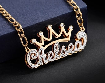 Crown Name Necklace: Custom Double Pendant, Stainless Steel Cuban Chain