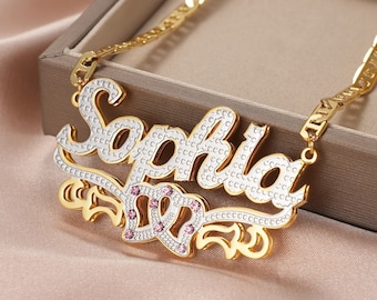 Double Hearts Custom Name Necklace: Pink Crystal Stainless Steel Pendant