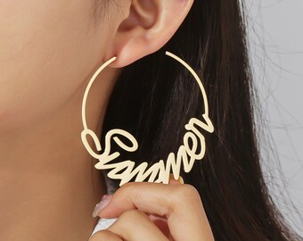 Personalized Name Hoop Earrings: Custom Stainless Steel Cursive Earrings