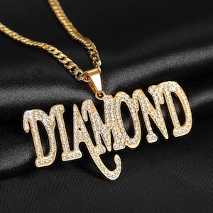 Collar de un solo nombre de cristal helado de Beceff® • Collar de cadena colgante de placa de identificación en mayúsculas de bling hip hop personalizado • Joyería personalizada