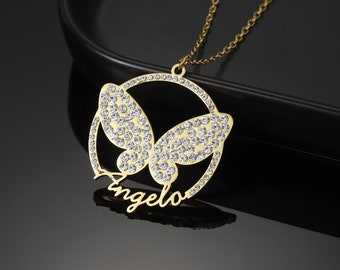 Personalized Butterfly Name Necklace: Cubic Zirconia, Stainless Steel