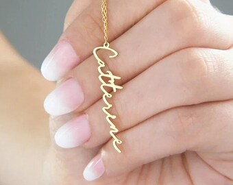 Cursive Name Necklace: Vertical Stainless Steel Signature Script