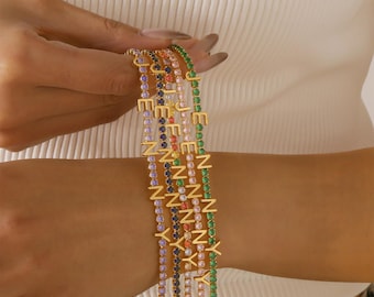 Personalized Crystal Name Bracelet: 18K Gold Plated CZ Tennis Chain