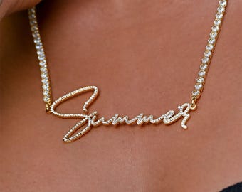 Iced Out Custom Name Necklace: 18K Gold Plated Crystal Script