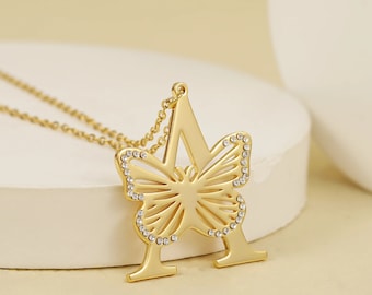 Butterfly Initial Letter Necklace by Beceff® • Sparkling Butterfly Pendant Necklace • Personalized English Letter Charm • Gift to Women