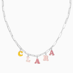 Personalized enamel name necklace with 3D bubble letters in rainbow candy colors
