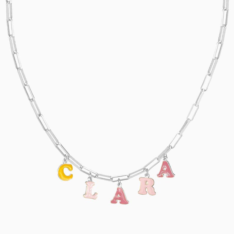 Personalized enamel name necklace with 3D bubble letters in rainbow candy colors