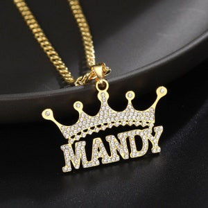 Crystal Crown Name Necklace: Personalized Stainless Steel Queen Tiara Pendant