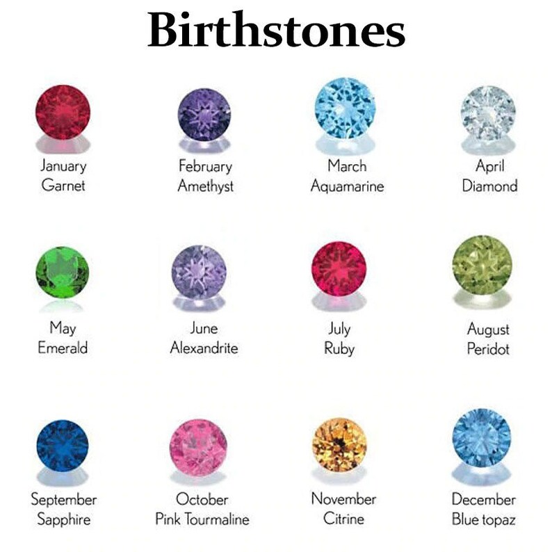 May include: A chart displaying the birthstones for each month of the year. The chart features a circle representing each birthstone, with the name of the stone and month below each circle.