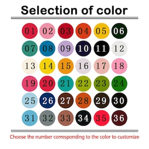Puede incluir: Una carta de colores con 36 c&iacute;rculos numerados en varios colores, incluyendo rojo, rosa, azul, verde y amarillo. El texto "Selecci&oacute;n de color" est&aacute; en la parte superior y "Elige el n&uacute;mero correspondiente al color para personalizar" en la parte inferior.