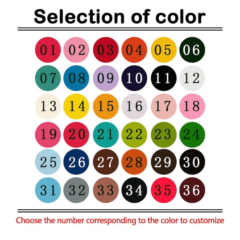 Puede incluir: Una carta de colores con 36 c&iacute;rculos numerados en varios colores, incluyendo rojo, rosa, azul, verde y amarillo. El texto "Selecci&oacute;n de color" est&aacute; en la parte superior y "Elige el n&uacute;mero correspondiente al color para personalizar" en la parte inferior.