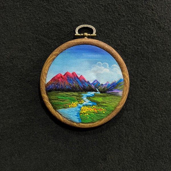 River Flows Mountain Valley Hand Embroidery Design by Beceff® • 4" (10cm) Hoop Wall Decor Nature Scenery Thread Painting • Perfect Gift