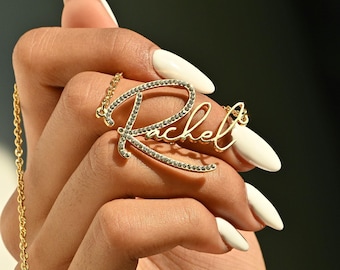 Custom Gold Name Necklace - Personalized Script Pendant with Sparkling Stones