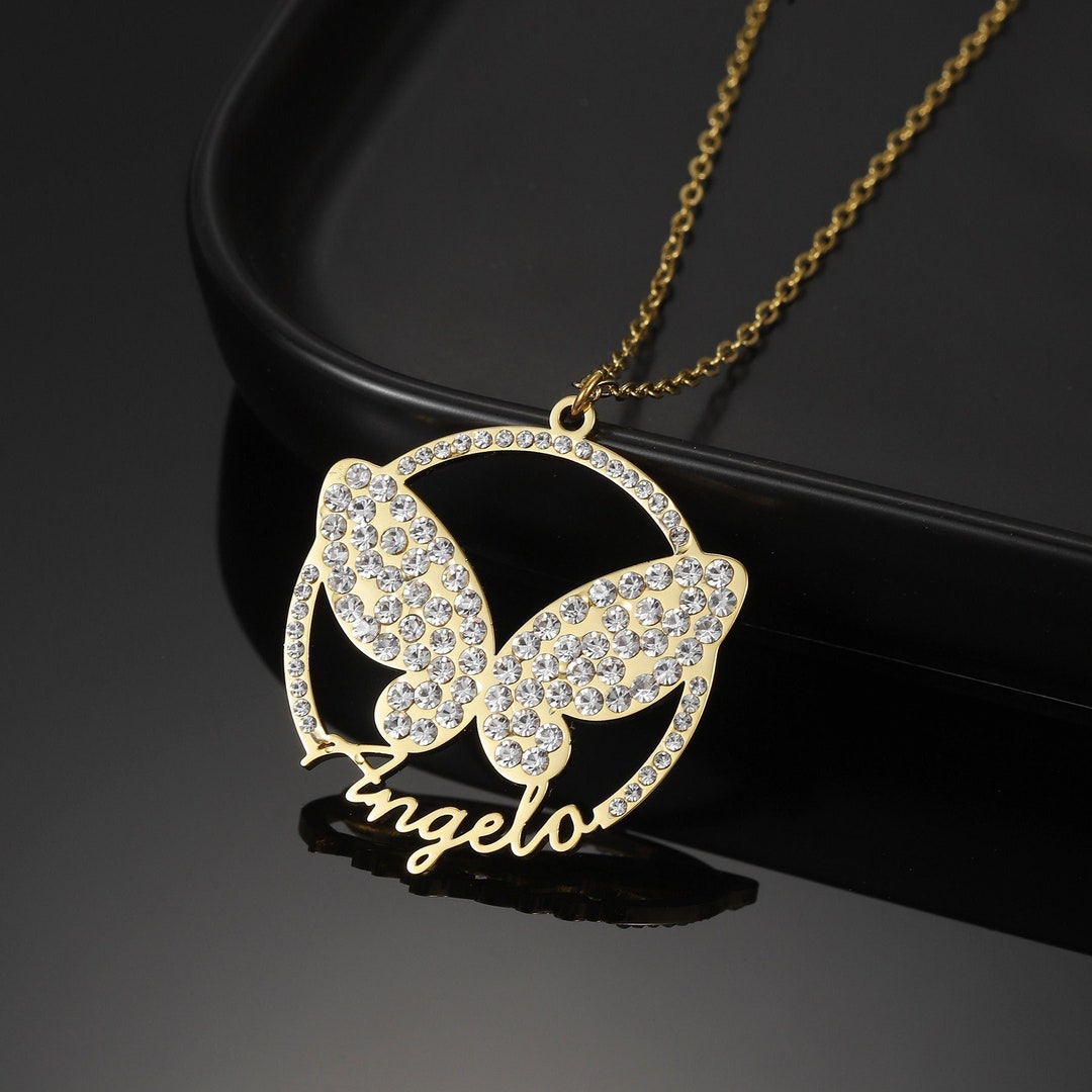 Personalized Butterfly Name Necklace: Cubic Zirconia, Stainless Steel ...