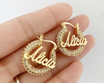 Custom Rhinestone Name Hoop Earrings: Beceff Stainless Steel