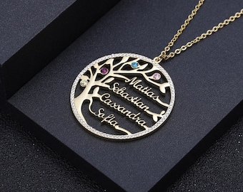 Birthstone Family Tree Necklace by Beceff® • Family Multiple Birthstone Birth Month Engraved Nameplate Pendant Necklace Gift to Mother