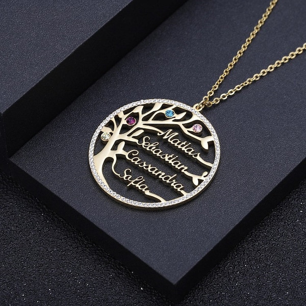 Birthstone Family Tree Necklace by Beceff® • Family Multiple Birthstone Birth Month Engraved Nameplate Pendant Necklace Gift to Mother