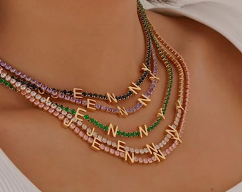 Custom Crystal Name Necklace: 18k Gold Personalized Tennis Chain