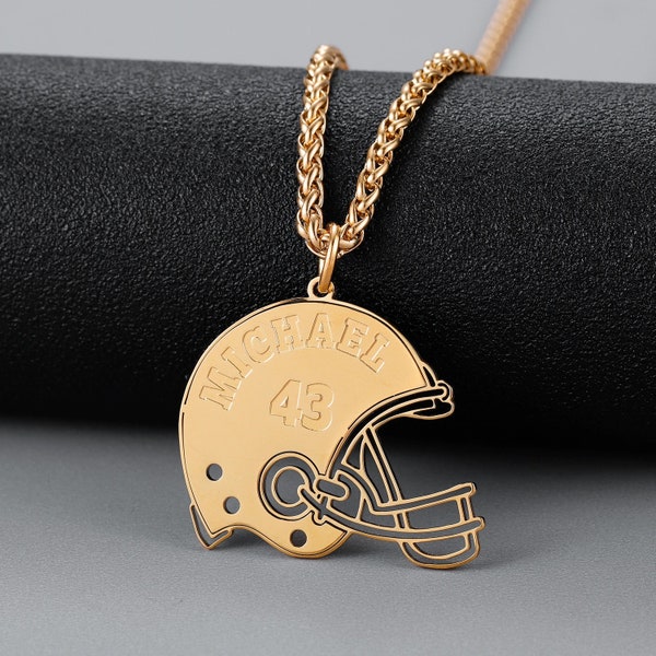 American Football Name Necklace by Beceff® • Carved Custom Name Jersey Number American Football Player NFA Helmet Pendant Chain for Fans