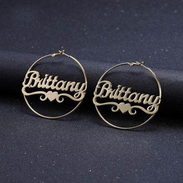 Custom Name Hoop Earrings For Women - Personalised Circle Nameplate Leverback