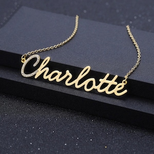 Collar de nombre brillante de Beceff® • Colgante de nombre de fuente de escritura de un solo nombre, comienza con una primera carta de cristal brillante • Regalo para esposa