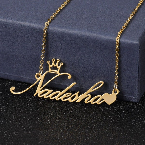 Crown Heart Name Necklace by Beceff® • Personalized Bespoke Crafted Cute Heart Shine Nameplate Jewelry For Casual Wears • High Quality Gift