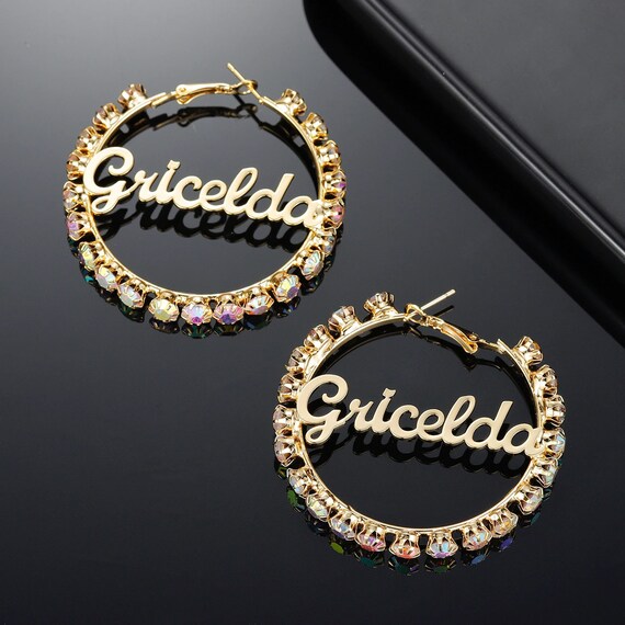 Rhinestone Name Hoop Earrings by Beceff 