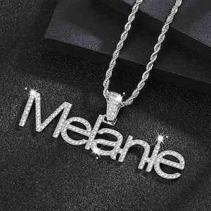 Crystal Name Necklace: Iced Out Custom Nameplate, Stainless Steel Rope Chain