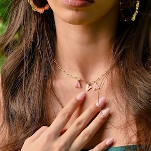 Gold plated paperclip chain with colorful enamel initial charm pendant