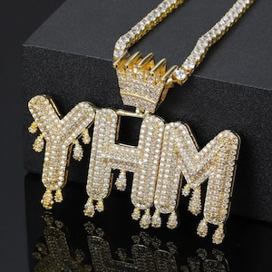 Collar de nombre de goteo de corona de Beceff® • Elegantes iniciales de cristal a medida De un solo nombre Texto Palabra colgante helado • Collar de cadena de tenis Bling