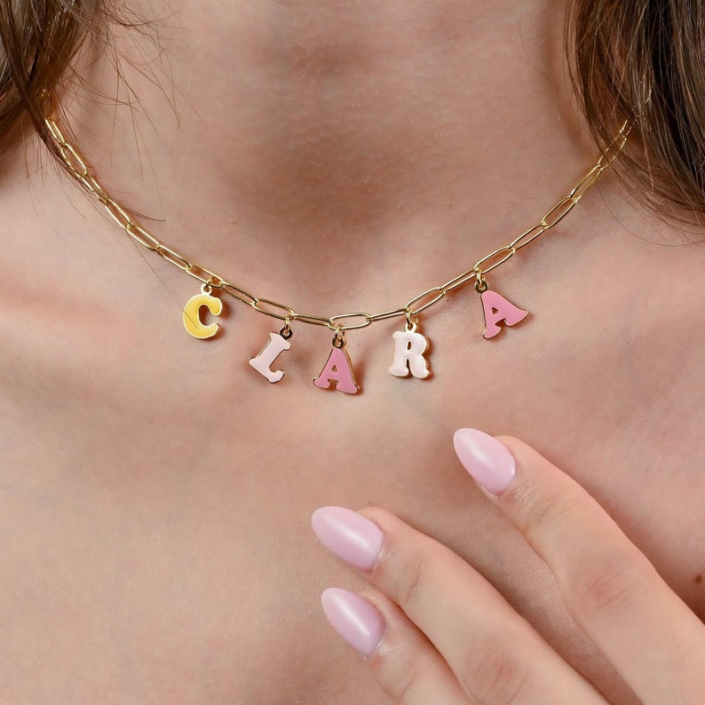 Custom candy letter name necklace with colorful enamel bubble letters on gold paperclip chain choker