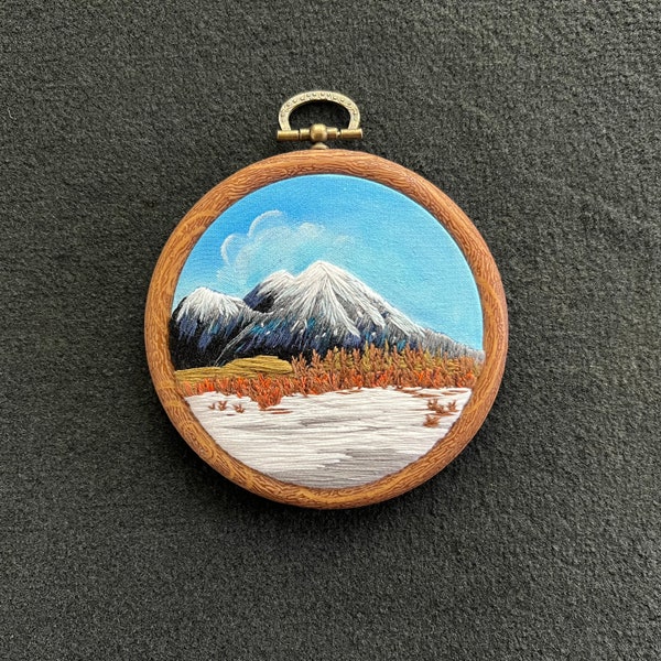 Snow Mountain Hand Embroidery Design by Beceff® • Miniature 4" (10cm) Hoop Wall Decor Landscape Winter Nature Thread Painting • Perfect Gift