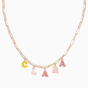 Personalized enamel name necklace with 3D bubble letters in rainbow candy colors