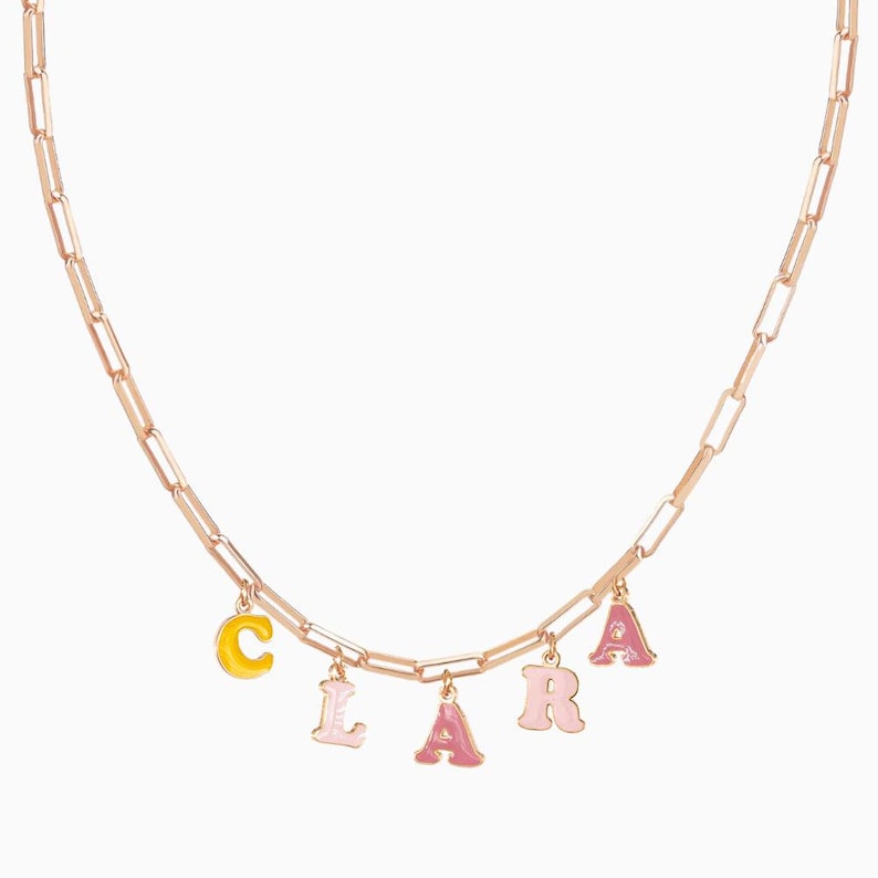 Personalized enamel name necklace with 3D bubble letters in rainbow candy colors