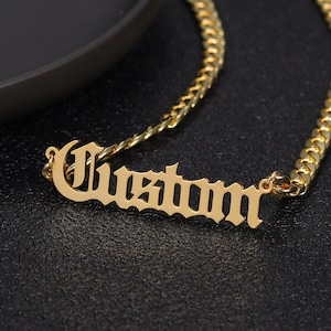 18K Old English Name Necklace by Beceff® • Old English Font Pendant Curb Chain Gothic Custom Necklace in Mid Century Vintage Retro Style