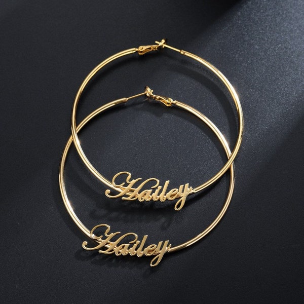 Big Hoop Cursive Earrings by Beceff® • Decent Looking Bespoke Stylish Personalized Crafted Name Jewelry For Women• Gift to Wife's Birthday