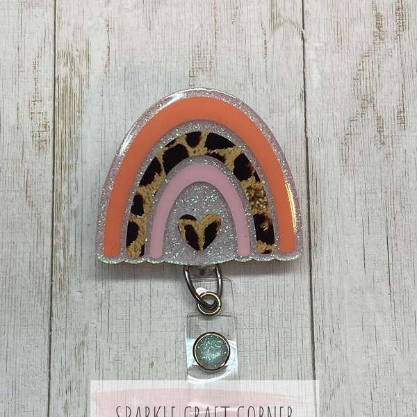 Boho Rainbow, Pink, Peach and Leopard Print, Badge Reel, Medical, Office ID holder, Tag