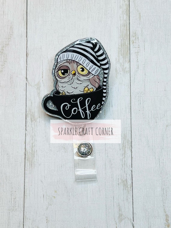 Coffee Owl Acrylic Glitter Badge Reel, ID Holder, Retractable